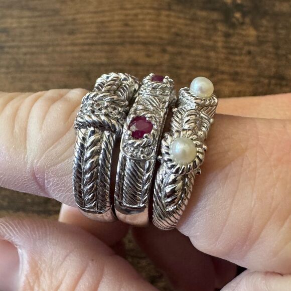 Vintage JUDITH RIPKA  Sterling Silver STACKING RING SET SIZE 8 Pearl Ruby CZ 925 - Picture 3 of 9